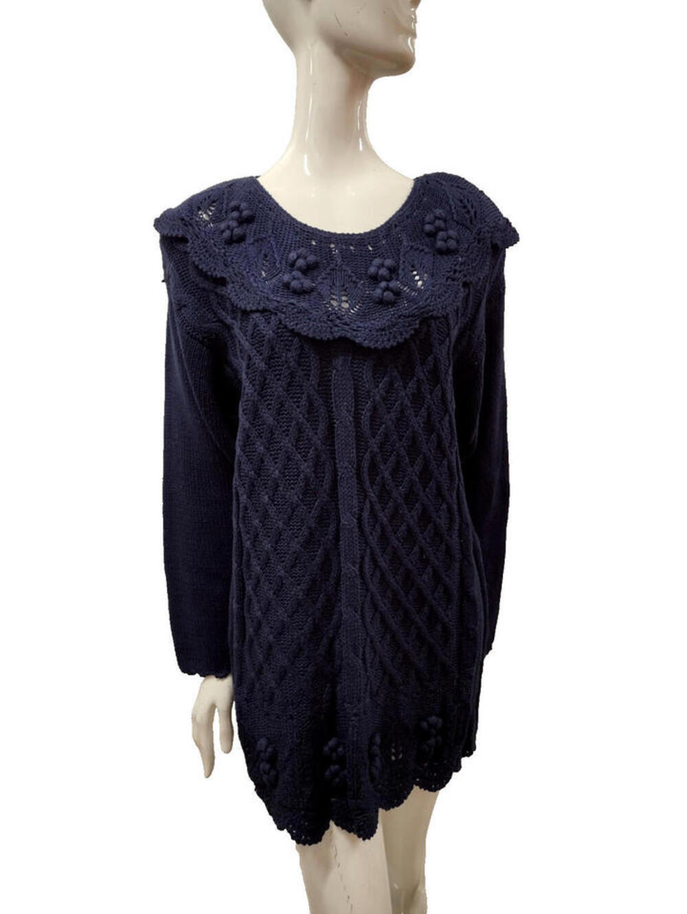 Grapes Sweater Dress Hand knit Navy Blue 90s NEW Shoulder Pads MED L Colleens